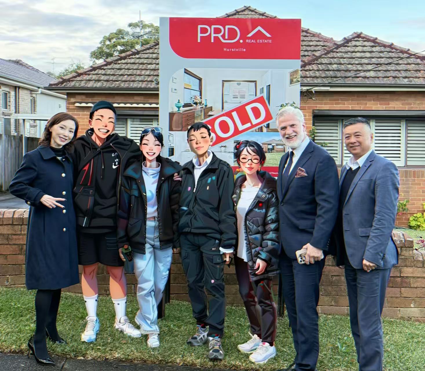 Clients and agents beside a PRD Hurstville SOLD sign